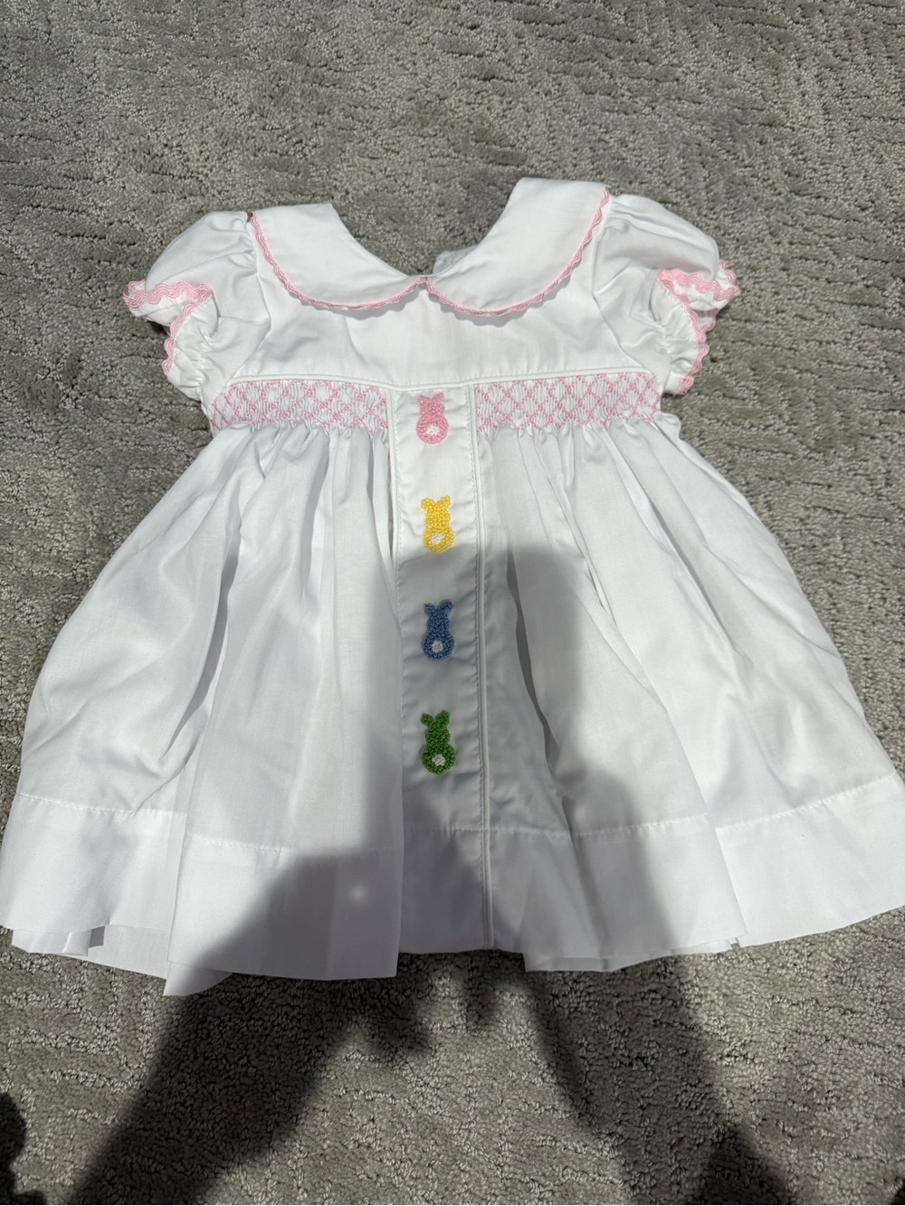 Nola Smocked White Baby Dress with Pink Trim